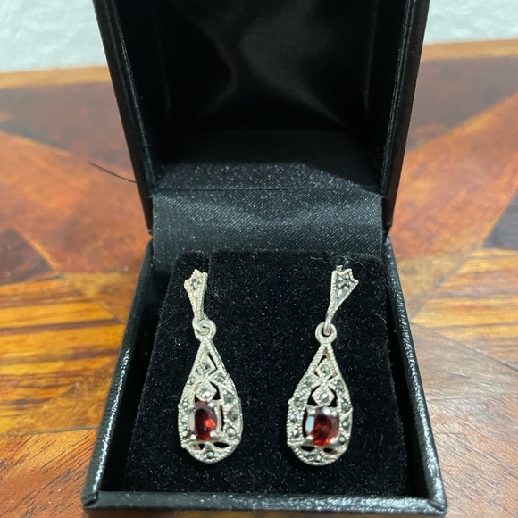 Vintage Sterling Silver Garnet and Marcasite Pierced Earrings - Picture 1 of 2